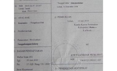 Dijual sebidang tanah lokasi dekat alun alun Serang Banten