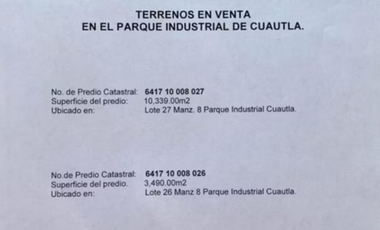 !precio negociable¡   OPORTUNIDAD TERRENOS EN ZONA INDUSTRIAL DE CUAUTLA DE LA MANZANA 8 MUY BIEN UBICADOS PLANOS