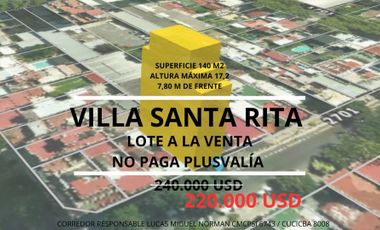 Lote a la venta NO PAGA PLUSVALÍA Villa Santa Rita