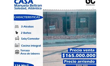 se vende o se arrienda casa en manuela beltran - Soledad