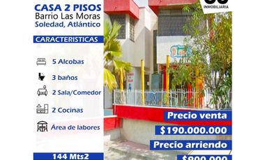 Se vende y Se arrienda Casa esquinera de 2 pisos / Las Moras, Soledad