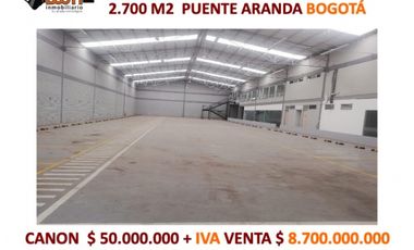 BODEGA VENTA O ARRIENDO 2.700 M2 PUENTE ARANDA