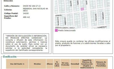 Terreno en esquina (486 m2), a la venta en Pedregal de San Nicolás, Tlalpan.
