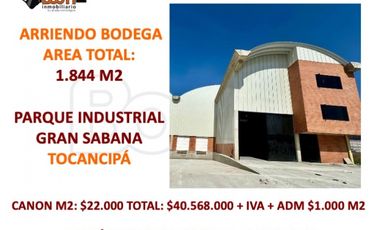 ARRIENDO BODEGA 1.844 M2  TOCANCIP