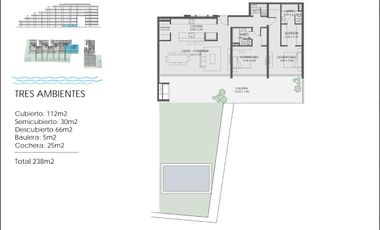 Departamento 3 amb/jardín y pileta