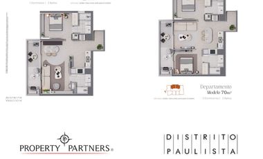 Departamento Distrito Paulista 2D 2B Mariposa, opción 1D con Living Ampliado, 70 mts2