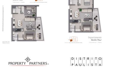 Departamento Distrito Paulista 2D 2B Mariposa, opción 1D con Living Ampliado, 76 mts2