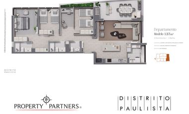 Departamento Distrito Paulista 3D 3B, opcional 2D con estar ampliado, 137 mts2