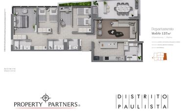 Departamento Distrito Paulista 3D 3B, opcional 2D con estar ampliado, 137 mts2