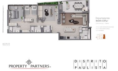 Departamento Distrito Paulista 3D 3B, opcional 2D con estar ampliado, 137 mts2