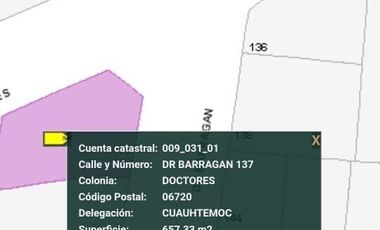 Terreno en venta para desarrollador en la colonia Doctores, Cuauhtémoc, CDMX.