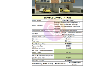For Sale: 2 storey and 3 Bedrooms Karen Duplex in West Molino Bacoor Cavite