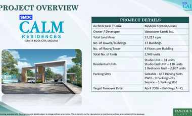 5% OFF - 1 BEDROOM CONDOMINIUM UNIT IN CALM RESIDENCES STA ROSA LAGUNA FOR ONLY 14K PHP