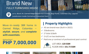 Move-In Ready 3BR House in Carmel Ridge Calamba | Fully Furnished | PHP 7M