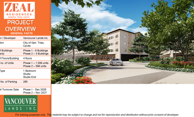 5% DISCOUNT +200k DISC FOR A 1BR CONDO UNIT AT ZEAL RESIDENCES GEN. TRIAS- CAVITE CITY