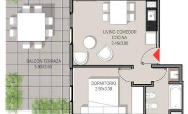 Hermoso departamento de 2 ambientes con gran balcon terraza y muy  luminoso