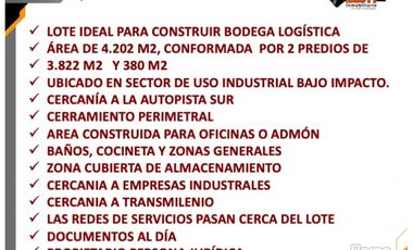 VENTA LOTE INDUSTRIAL 4.202 M2 EN CAZUCA SOACHA