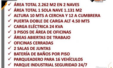 ARRIENDO 2.262 M2 REA DE BODEGA 2 NAVES SIBERIA – TENJO