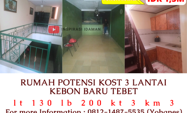 Rumah potensi Kost 3 lantai Kebon Baru deket stasiun Tebet