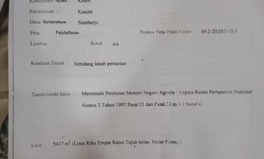 Tanah SHM Pinggir Jalan Sumberjo Kandat Kediri Dijual Murah cepat B.U