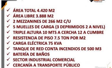 ARRIENDO BODEGA 4.420 M2 (AREA LIBRE 3.888 M2)  FONTIBÓN