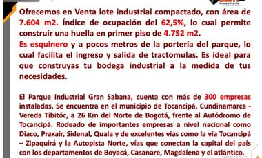 VENTA LOTE INDUSTRIAL COMPACTADO Y ESQUINERO PARQUE IND. TOCANCIPA