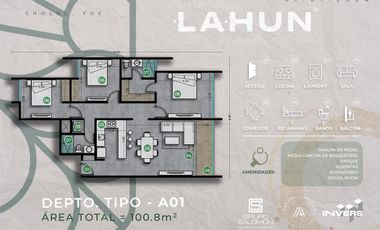 DEPARTAMENTO EN VENTA MERIDA, CHOLUL, DISTRITO LAHUN, MOD. 3 REC, NOV 2026.