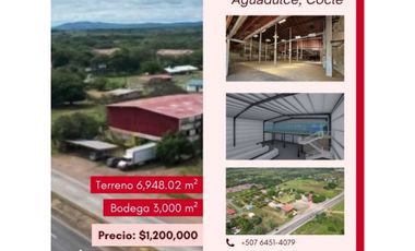 Venta de Terreno 6978m2 con Bodega en Via Pcpal, Aguadulce, Coclé
