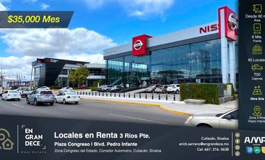 Locales en Renta Plaza Congreso, Sector Tres Rios, Blvd. Pedro Infante Corredor Automotriz, Ideal para restaurantes u oficinas. Estacionamiento Seguro