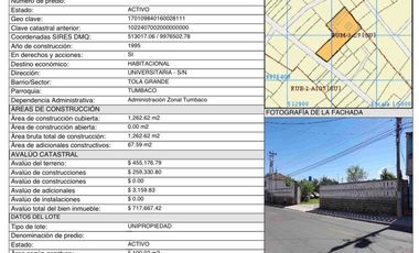 VENTA HERMOSO Y GRAN TERRENO - TUMBACO - AV. UNIVERSITARIA