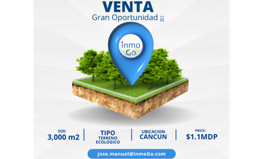 Venta Terreno Ecológico Cancun. El Pedregal 3000m2 1.1 MDP