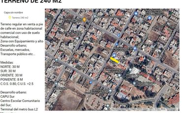 Venta de Terreno de 240 m2, plano en zona habitacional