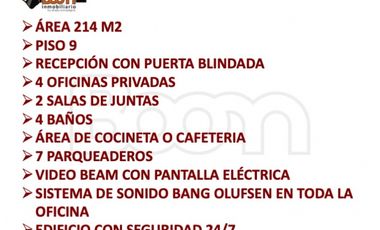 *ARRIENDO OFICINA AMOBLADA 214 M2 EN CALLE 94