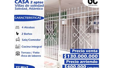 Se vende y se arrienda Casa con 2 aptos - villas de soledad  - soledad