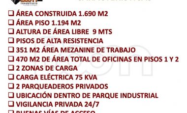 BODEGA EN ARRIENDO 1.690 M2 DENTRO DE PARQUE IND. MONTEVIDEO