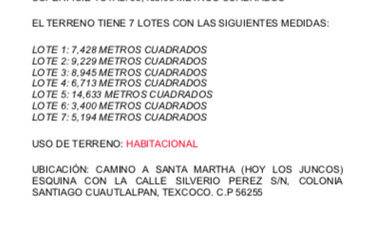 TERRENO EN VENTA EN COL. SANTIAGO CUAUTLALPAN, TEXCOCO