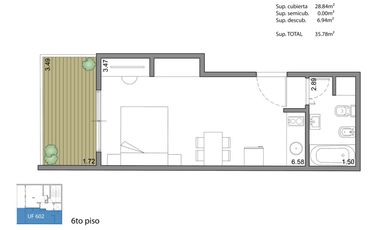Monoambiente de 36 m2 totales con Balcon al frente