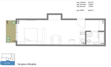 Monoambiente de 36 m2 totales con Balcon al frente