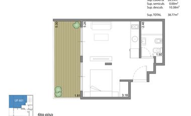 Monoambiente de 36 m2 totales con Balcon al frente
