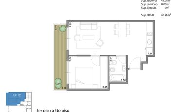 Departamento de pozo monoambiente de 35 m2 totales con balcon