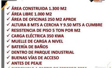 ARRIENDO BODEGA DE 1.300 M2 PARQUE INDUSTRIAL SIBERIA