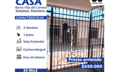 se arrienda casa barrio villa del carmen - soledad