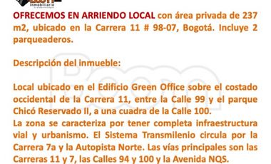 ARRIENDO LOCAL 237 M2 EN EDIFICIO GREEN OFFICE CHICÓ