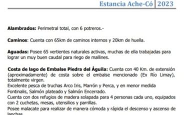 Estancia 22300 has. PIEDRA DEL AGUILA. Departamento de COLLON CURA. Provincia de Neuquén u$s 600 x Ha