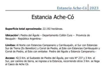 Estancia 22300 has. PIEDRA DEL AGUILA. Departamento de COLLON CURA. Provincia de Neuquén u$s 600 x Ha