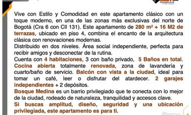 VENTA / ARRIENDO APARTAMENTO 296 M2 REMODELADO  - BOSQUE MEDINA