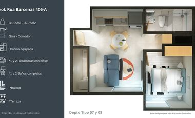 Departamento 55m2 de 1 Recamara con terraza