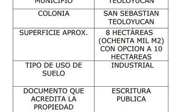 TERRENO INDUSTRIAL.VENTA EN SAN SEBASTIAN TEOLOYUCAN