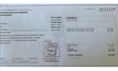 Patente de Restaurant diurno y Nocturno Clase C Providencia