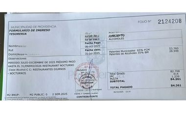 Patente de Restaurant diurno y Nocturno Clase C Providencia